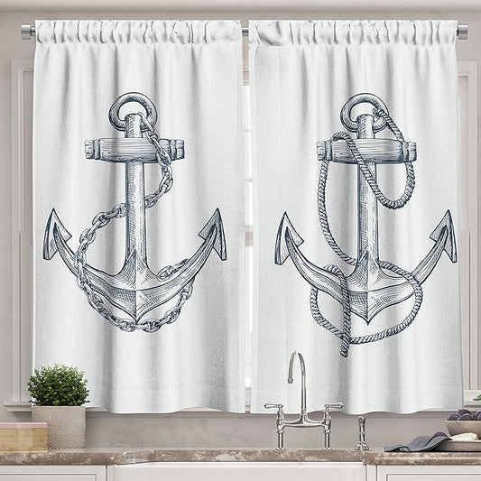 Ambesonne Anchor Kitchen Curtains, Vintage Sketch Nautical Element Ship Sailing Travel Theme Chain Rope, Window Drapes 2 Panel Set for Kitchen Cafe Decor, 55" x 39", Teal White