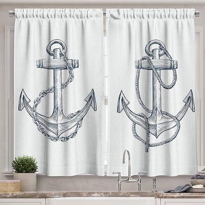 Ambesonne Anchor Long Kitchen Curtains, Vintage Sketch Nautical Element Ship Sailing Travel Theme Chain, Two Panels Drapes with Rod Pocket Room Decor, 55" x 45", Teal White