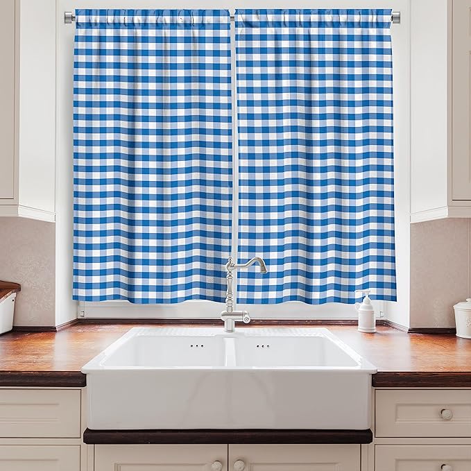 Ambesonne Checkered Kitchen Curtains, Monochrome Gingham Checks Classical Country Culture Old Fashioned Grid Design, Window Drapes 2 Panel Set for Kitchen Cafe Decor, 55" x 39", Blue White