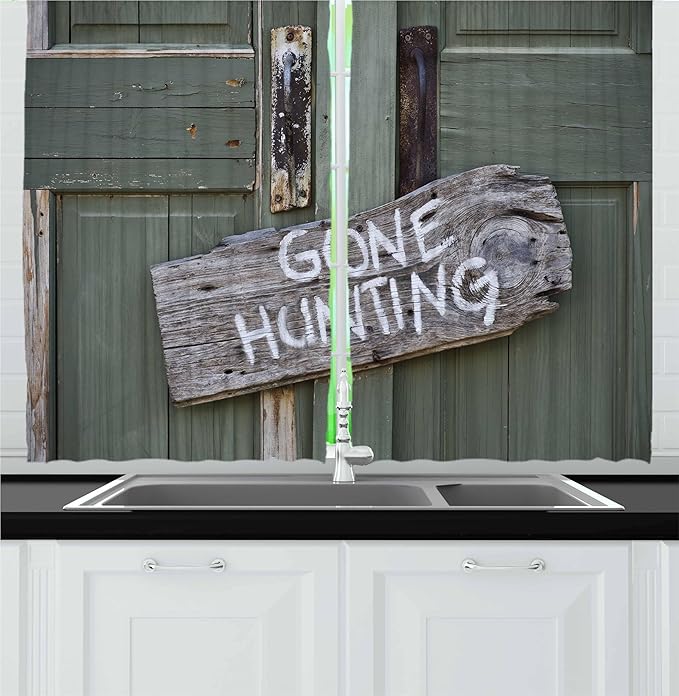 Ambesonne Hunting Kitchen Curtains, Gone Hunting Written on Wooden Board Old Worn Out Cottage Door Seasonal Hobby Fun, Window Drapes 2 Panel Set for Kitchen Cafe Decor, 55" x 30", Green Gray