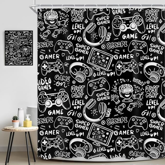 Black White Funny Gaming Shower Curtain Kids Gamer Video Games Cool Teens Monochrome Sketch Graffiti 60Wx72L Inch Bathroom Set Gamepad Bath Curtain Bathtub Accessories Home Decor