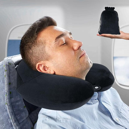 Neck Pillow, Inflatable Travel Pillow, Soft & Support Travel Essentials for Airplane/Car/Office&Home Rest Use, Comfortable & Breathable Machine Washable Cover with Storage Bag (Black)