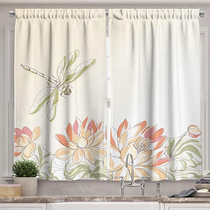 Ambesonne Dragonfly Kitchen Curtains, Lotus Flower Field Winged Bug Flying Oriental Blooms Print, Window Drapes 2 Panel Set for Kitchen Cafe Decor, 55" x 39", Cream Peach