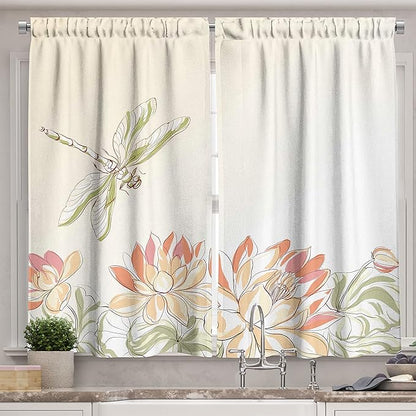 Ambesonne Dragonfly Long Kitchen Curtains, Lotus Flower Field Winged Bug Flying Oriental Blooms Print, Two Panels Drapes with Rod Pocket Room Decor, 55" x 45", Cream Peach