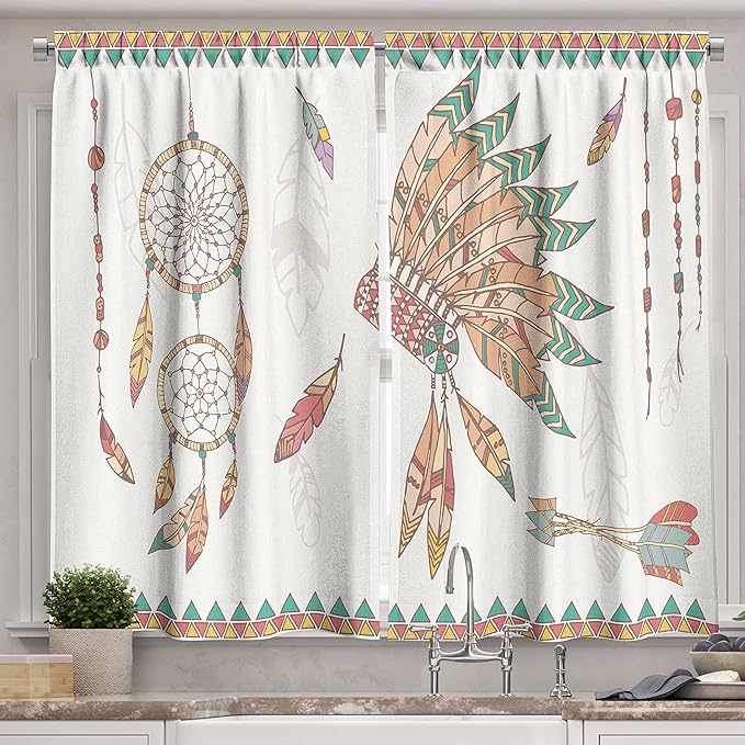 Ambesonne Feather Kitchen Curtains, Prehistoric Chief Headdress Arrows Dreamcatchers, Window Drapes 2 Panel Set for Kitchen Cafe Decor, 55" x 39", Coral Brown