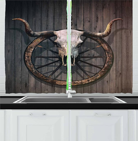 Ambesonne Barn Wood Wagon Wheel Kitchen Curtains, Long Horned Bull Skull and Old West Wagon Wheel on Rustic Wall, Window Drapes 2 Panel Set for Kitchen Cafe Decor, 55" x 36", Charcoal Brown