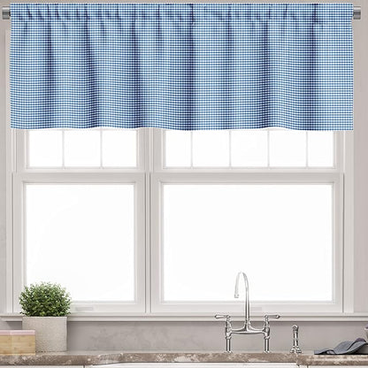 Ambesonne Checkered Valance & Tier Curtain 3 pcs Set, Monochrome Gingham Checks Classical Country Culture Old Fashioned Grid Design, Window Treatments for Kitchen Room Decor, 55" x 30", Blue White