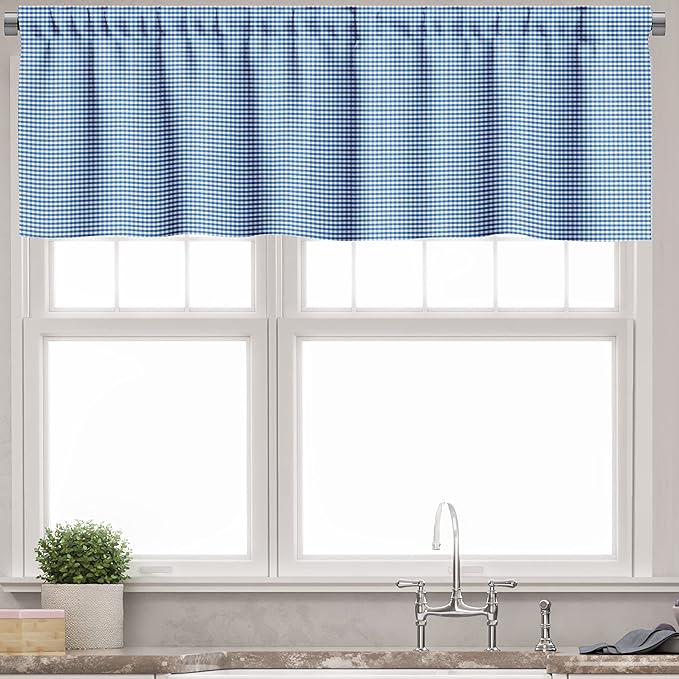 Ambesonne Checkered Valance & Tier Curtain 3 pcs Set, Monochrome Gingham Checks Classical Country Culture Old Fashioned Grid Design, Window Treatments for Kitchen Room Decor, 55" x 45", Blue White