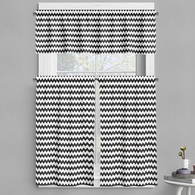 Ambesonne Chevron Valance & Tier Curtain 3 pcs Set, Zig Zags in Black and White Sharp Arrow Inspired Classic Retro Tile Monochrome, Window Treatments for Kitchen Room Decor, 55" x 45", Black Cream