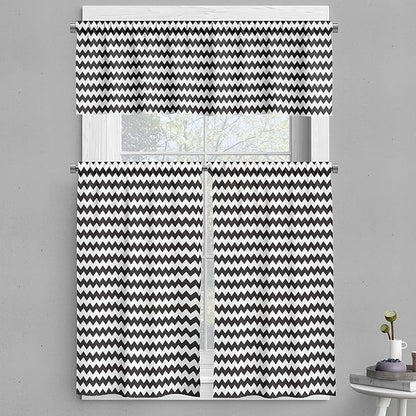 Ambesonne Chevron Valance & Tier Curtain 3 pcs Set, Zig Zags in Black and White Sharp Arrow Inspired Classic Retro Tile Monochrome, Window Treatments for Kitchen Room Decor, 55" x 45", Black Cream