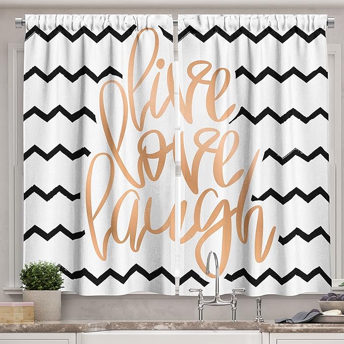 Ambesonne Live Laugh Love Long Kitchen Curtains, Motivational Calligraphic Artwork with Zigzags Chevron Stripes, Two Panels Drapes with Rod Pocket Room Decor, 55" x 45", White Peach