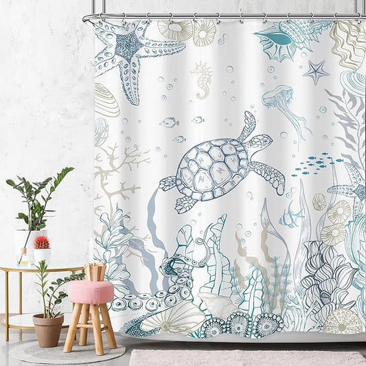 Nautical Coastal Sea Turtle Shower Curtain Ocean Beach Starfish Seashell Coral Underwater Animal Octopus Sealife Summer 60Wx72L Inch Bathroom Set Bath Curtain Bathtub Accessories Home Decor