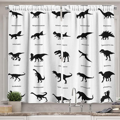 Ambesonne Dinosaur Kitchen Curtains, Composition Different Dinosaurs Silhouettes with Their Names Evolution Wildlife, Window Drapes 2 Panel Set for Kitchen Cafe Decor, 55" x 39", White Black