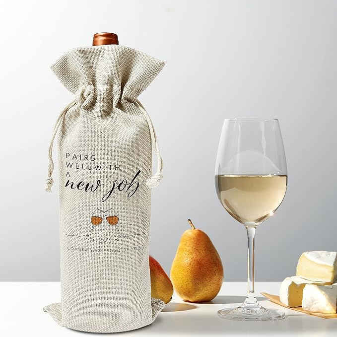 Zodvery New Job Wine Gift Bags - Gift for Promotion, Congrats to Coworker, Boss, Friends, Colleague - Reusable Burlap With Drawstring Gift Bag (5.5"x 13.5")-1 Pcs/jiu073