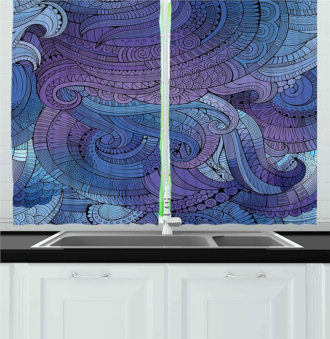 Ambesonne Abstract Kitchen Curtains, Ocean Inspired Graphic Paisley Swirled Hand Drawn Artwork Print, Window Drapes 2 Panel Set for Kitchen Cafe Decor, 55" x 24", Blue Purple