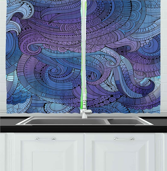 Ambesonne Abstract Kitchen Curtains, Ocean Inspired Graphic Paisley Swirled Hand Drawn Artwork Print, Window Drapes 2 Panel Set for Kitchen Cafe Decor, 55" x 30", Blue Purple