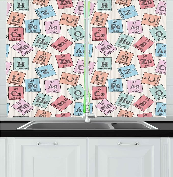 Ambesonne Periodic Table Kitchen Curtains, Sketch Style Chemistry Class Elements Science Camp Art Print, Window Drapes 2 Panel Set for Kitchen Cafe Decor, 55" x 30", Green Pink