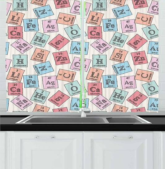 Ambesonne Periodic Table Kitchen Curtains, Sketch Style Chemistry Class Elements Science Camp Art Print, Window Drapes 2 Panel Set for Kitchen Cafe Decor, 55" x 24", Green Pink