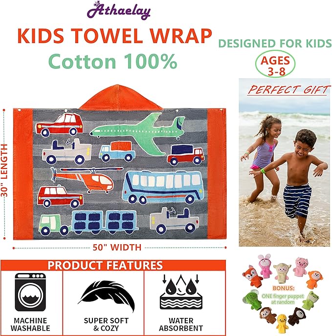 100% Cotton Hooded Bath Towel Wrap for 3 to 12 Yerars Old Boys and Girls Beach Pool Towel with Hood Soft and Absorbent Oversized 50"x30"