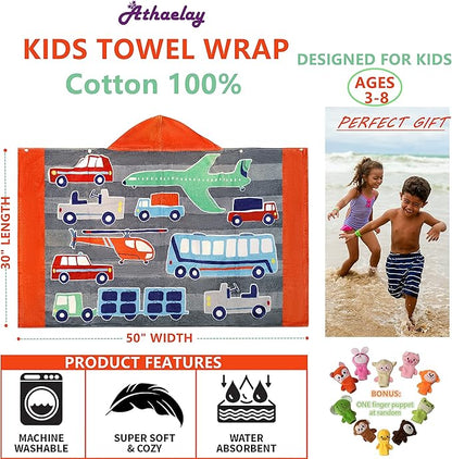 100% Cotton Hooded Bath Towel Wrap for 3 to 12 Yerars Old Boys and Girls Beach Pool Towel with Hood Soft and Absorbent Oversized 50"x30"