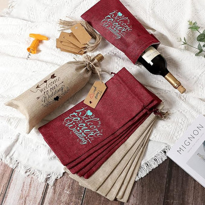 Premium Burlap Wine Bags, 12PCS Wine Bottle Gift Bags with Drawstring, Tags and Ropes, Reusable Wine Gift Bags for Wedding, Birthday, Blind Tastings, Christmas, Hallowen, Travel, Party, Home Storage