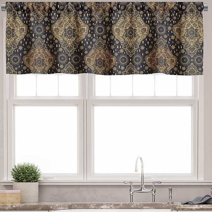 Ambesonne Mandala Valance & Tier Curtain 3 pcs Set, Bohemian Paisley Ornament Tattoo Vintage Design Print, Window Treatments for Kitchen Room Decor, 55" x 24", Grey Charcoal