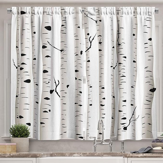 Ambesonne Birch Tree Long Kitchen Curtains, Forest Seasonal Nature Woodland Leafless Branches Grove Botany Illustration, Two Panels Drapes with Rod Pocket Room Decor, 55" x 45", Black and White