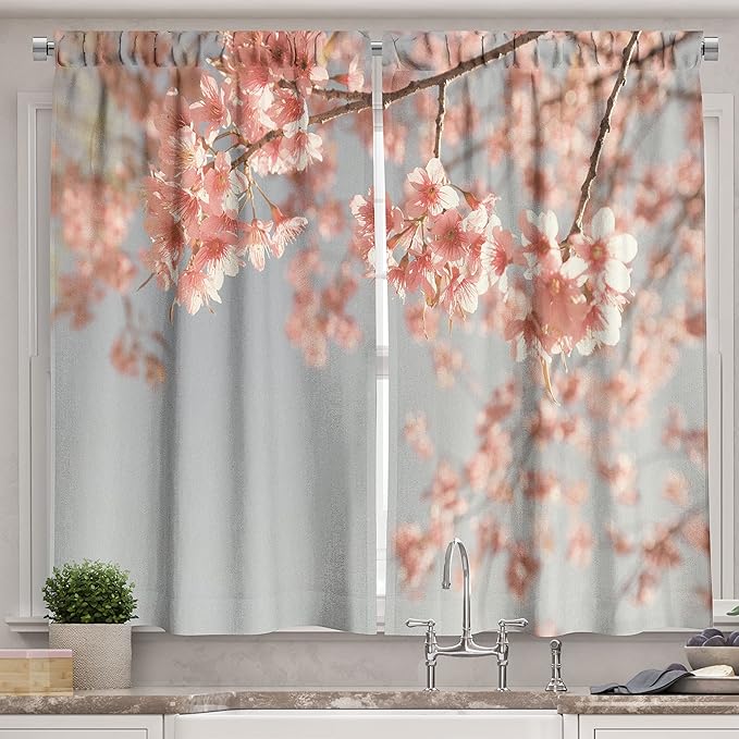 Ambesonne Peach Long Kitchen Curtains, Japanese Scenery Sakura Tree Cherry Blossom Nature Photography Coming of Spring, Two Panels Drapes with Rod Pocket Room Decor, 55" x 45", Burgundy Teal