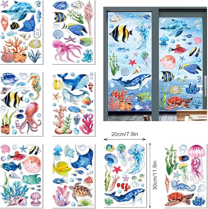 8 Sheets Underwater World Window Clings Ocean Theme Static Window Stickers Fridge Glass Stickers Party Decorations Add Joy to The Season and Home Decoration