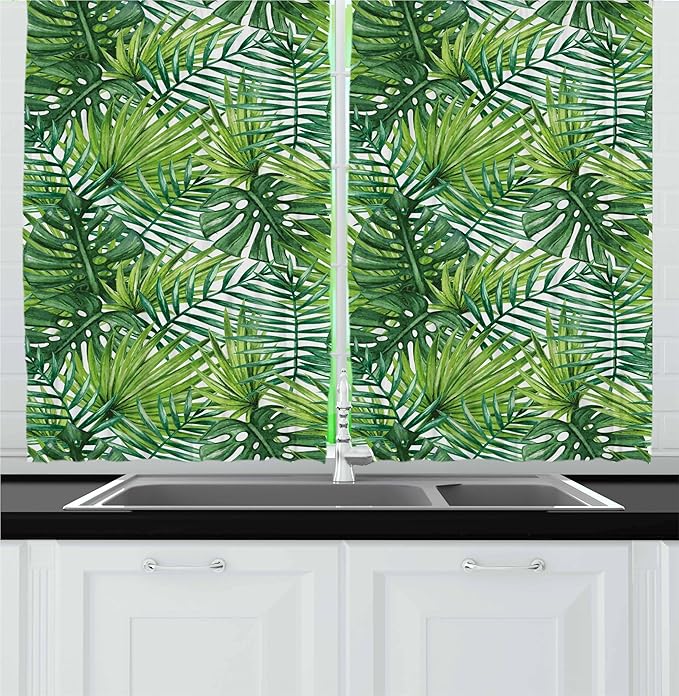 Ambesonne Leaf Kitchen Curtains, Tropical Exotic Banana Forest Palm Tree Leaves Watercolor Design Image, Window Drapes 2 Panel Set for Kitchen Cafe Decor, 55" x 36", Green