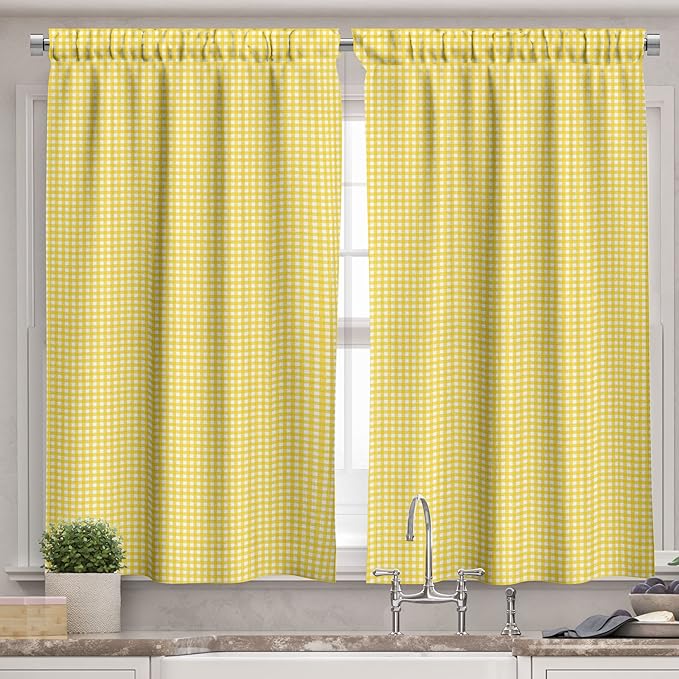 Ambesonne Checkered Valance & Tier Curtain 3 pcs Set, Classic English Pattern in Yellow Picnic in Summertime Theme Retro Striped, Window Treatments for Kitchen Room Decor, 55" x 36", Yellow White