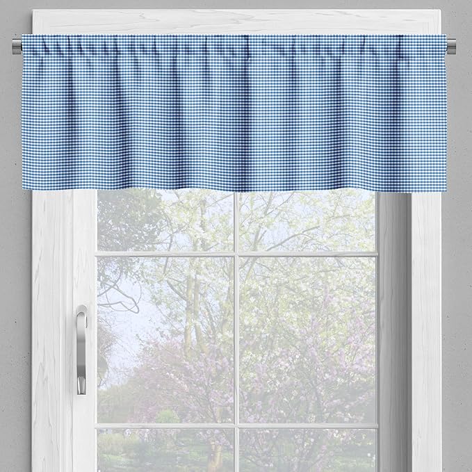 Ambesonne Checkered Valance & Tier Curtain 3 pcs Set, Monochrome Gingham Checks Classical Country Culture Old Fashioned Grid Design, Window Treatments for Kitchen Room Decor, 55" x 30", Blue White