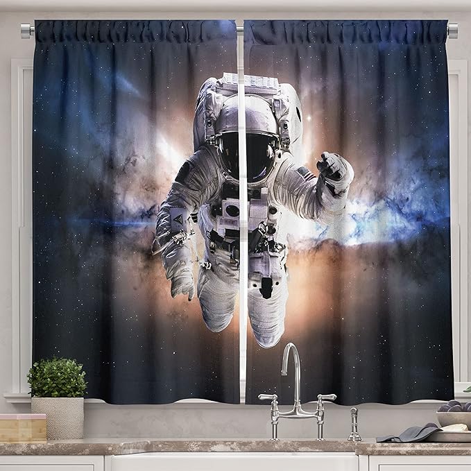 Ambesonne Astronaut Long Kitchen Curtains, Floating Astronaut in Space Nebula Heavenly Bodies Star Systems Love Science, Two Panels Drapes with Rod Pocket Room Decor, 55" x 45", Space Blue