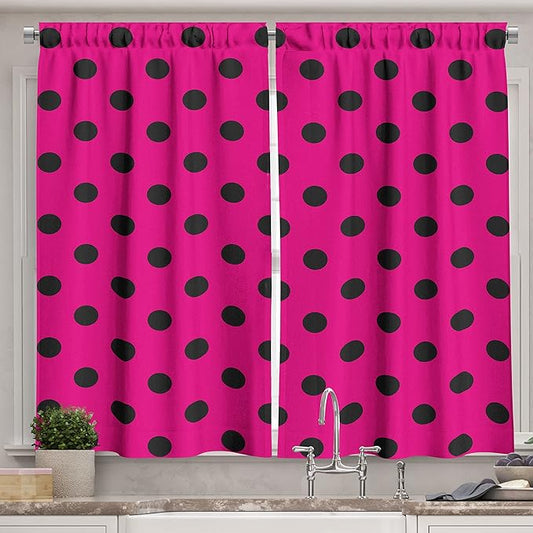 Ambesonne Hot Pink Long Kitchen Curtains, Pop Art Inspired Design Retro Pattern of Black Polka Dots Classical Spotted, Two Panels Drapes with Rod Pocket Room Decor, 55" x 45", Black Pink