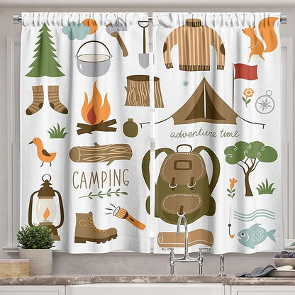 Ambesonne Adventure Long Kitchen Curtains, Camping Equipment Sleeping Bag Boots Campfire Shovel Hatchet Log Artwork Print, Two Panels Drapes with Rod Pocket Room Decor, 55" x 45", White Khaki