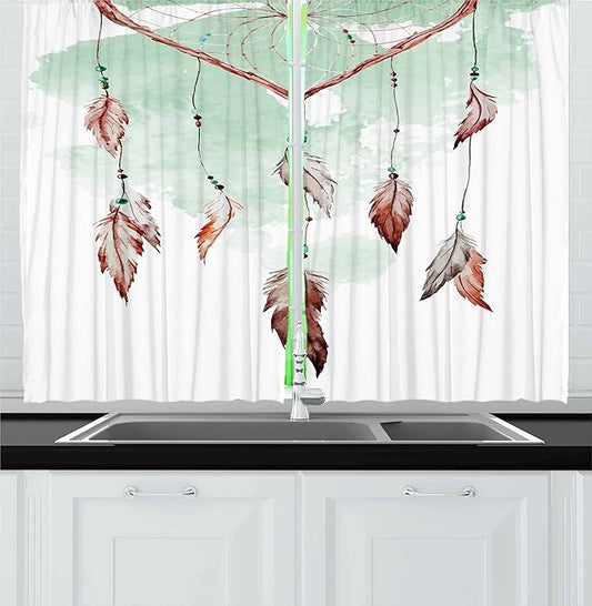 Ambesonne Feather Kitchen Curtains, Watercolor Vibrant Dream Catcher with Ornamental Elements Traditional Design, Window Drapes 2 Panel Set for Kitchen Cafe Decor, 55" x 24", Green Brown