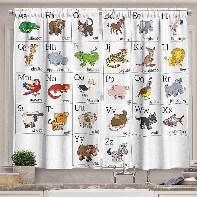 Ambesonne Educational Kitchen Curtains, Alphabet Learning Chart Cartoon Animals Names Letters Upper and Lowercase, Window Drapes 2 Panel Set for Kitchen Cafe Decor, 55" x 39", Black Brown