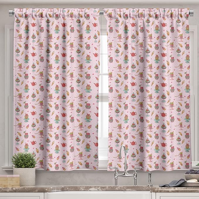 Ambesonne Ice Cream Valance & Tier Curtain 3 pcs Set, Retro Style Cupcakes Teapots Candies Cookies on Polka Dots Vintage Kitchen Print, Window Treatments for Kitchen Room Decor, 55" x 30", Pastel Pink