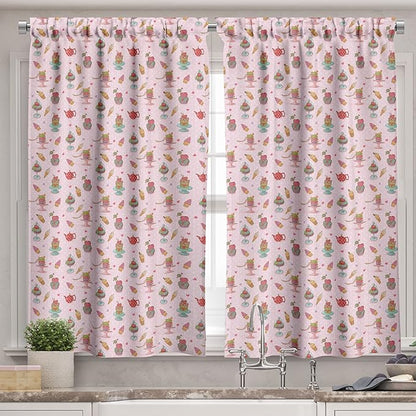 Ambesonne Ice Cream Valance & Tier Curtain 3 pcs Set, Retro Style Cupcakes Teapots Candies Cookies on Polka Dots Vintage Kitchen Print, Window Treatments for Kitchen Room Decor, 55" x 30", Pastel Pink