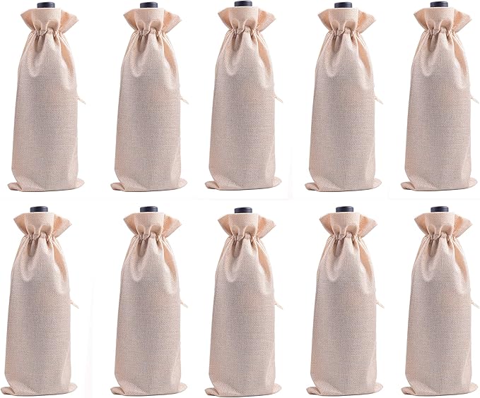 10pcs Beige Burlap Wine Bags, 15.0cmx35.0cm/6.0''x14.0'' Drawstring and Lining Wine Bottle Burlap Bags, Hessian Gift Bags, Storage Pouches