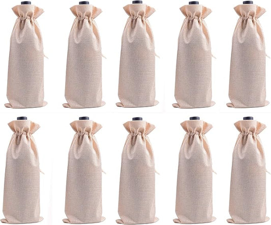 10pcs Beige Burlap Wine Bags, 15.0cmx35.0cm/6.0''x14.0'' Drawstring and Lining Wine Bottle Burlap Bags, Hessian Gift Bags, Storage Pouches