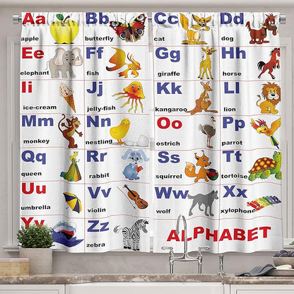 Ambesonne Cartoon Long Kitchen Curtains, Animals Placed on Letter The Alphabet Chart Themed Illustration Colorful Print, Two Panels Drapes with Rod Pocket Room Decor, 55" x 45",Indigo Red