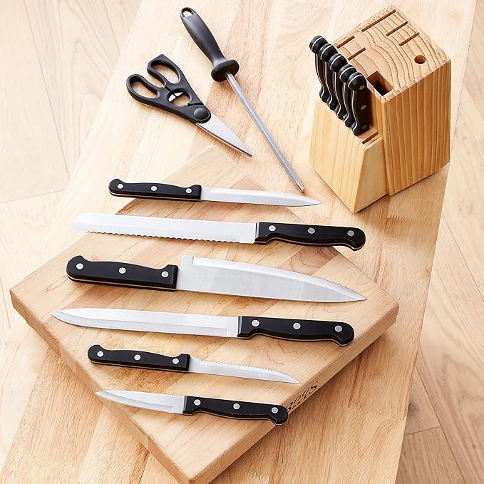 Amazon Basics 14-Piece Kitchen Knife Set with High-Carbon Stainless-Steel Blades and Pine Wood Block, Black