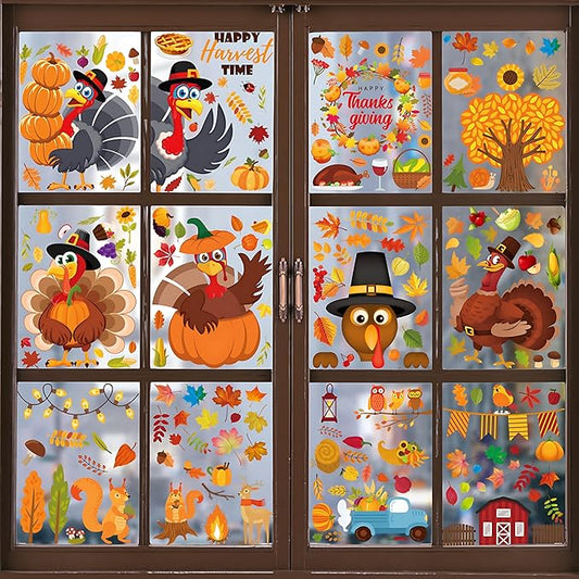 12 Sheets Thanksgiving Window Clings Turkey Maple Leave Window Stickers Fall Window clings for Home Window Decoration Autumn Window Decals for Home Office Classroom Party(Style C)