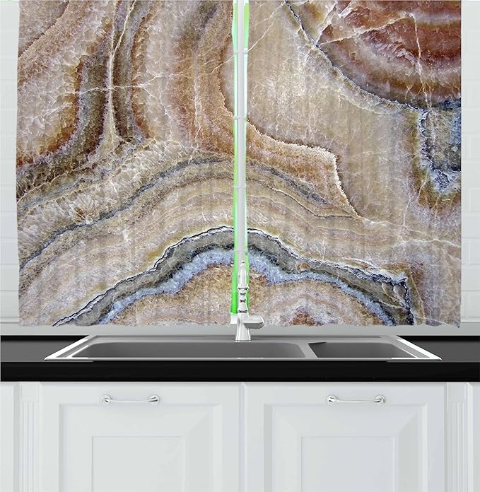 Ambesonne Marble Kitchen Curtains, Surreal Onyx Stone Surface Pattern Pale Blue Details Picture, Window Drapes 2 Panel Set for Kitchen Cafe Decor, 55" x 36", Cinnamon Grey