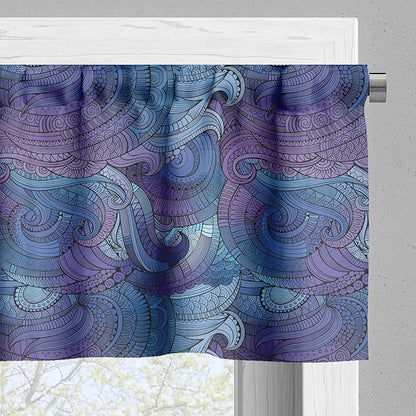 Ambesonne Abstract Valance & Tier Curtain 3 pcs Set, Ocean Inspired Graphic Paisley Swirled Hand Drawn Art Print, Window Treatments for Kitchen Room Decor, 55" x 30", Blue Purple