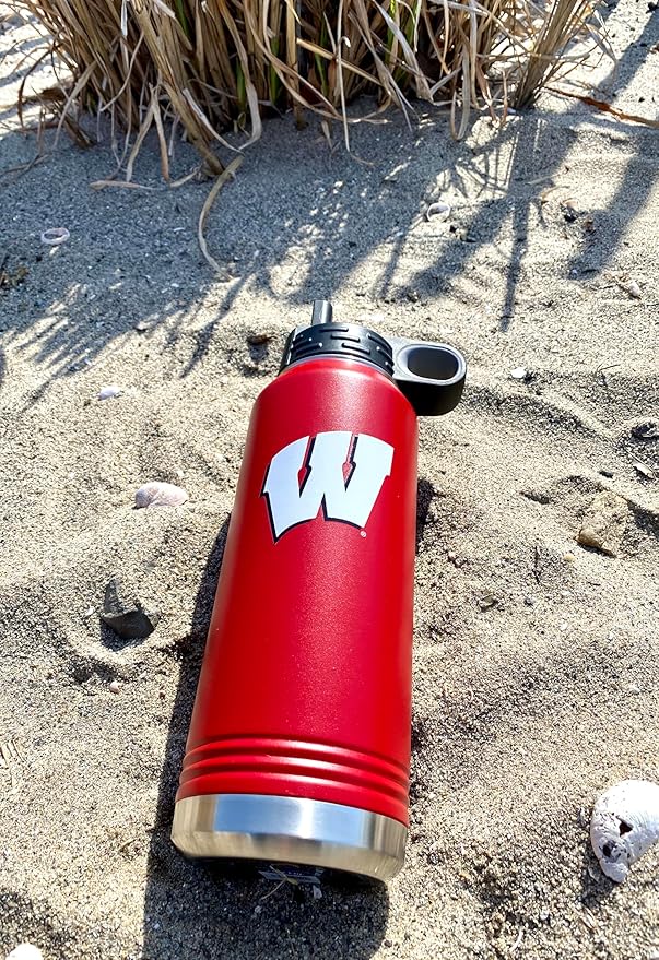 University of Wisconsin 32oz Stainless Steel Double Walled Red Beverage Bottle with Flip Straw Spout - College Gear for Playoff Season – For Office, Home or Auto – Show your Badgers Pride