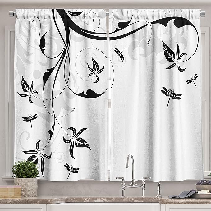 Ambesonne Dragonfly Long Kitchen Curtains, Swirled Floral Background Damask Curl Branches and Leaves Print, Two Panels Drapes with Rod Pocket Room Decor, 55" x 45", Light Grey