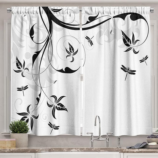 Ambesonne Dragonfly Long Kitchen Curtains, Swirled Floral Background Damask Curl Branches and Leaves Print, Two Panels Drapes with Rod Pocket Room Decor, 55" x 45", Light Grey