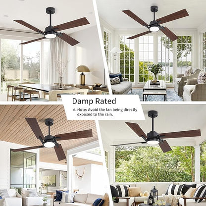 WINGBO 72 Inch DC Ceiling Fan with Lights and Remote, 4 Plywood Blades, 6-Speed Reversible DC Motor, Dimmable, 3CCT, Large Ceiling Fan for Bedroom Living Room Kitchen, Black and Walnut/Shadowed Walnut